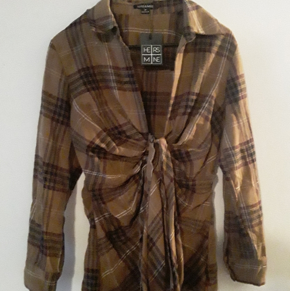 Hers&Mine Womens Plaid ButtonUp Shirt TieUp Waist - Picture 6 of 16